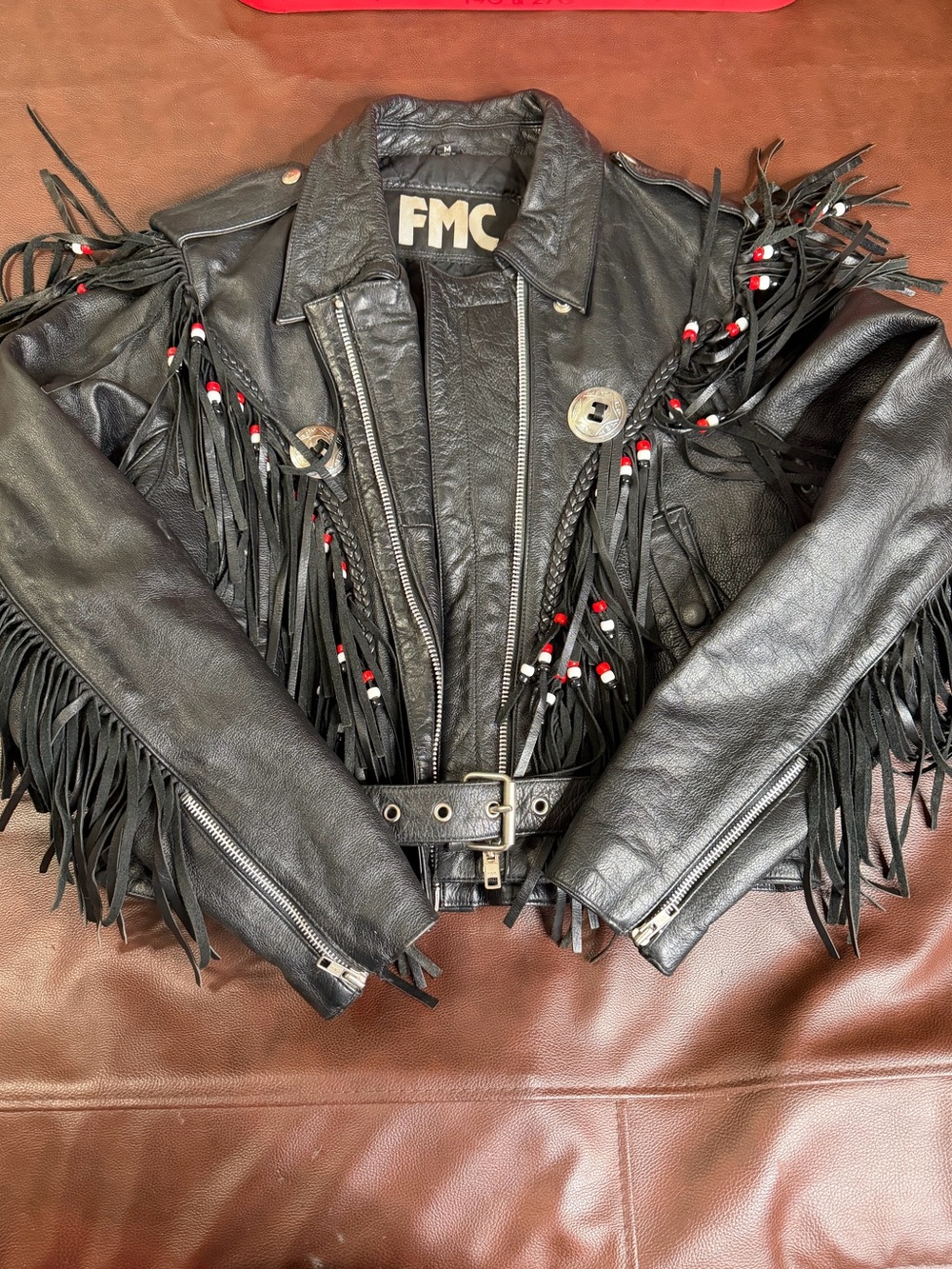 Vintage FMC Black Leather Fringe Motorcycle Jacket